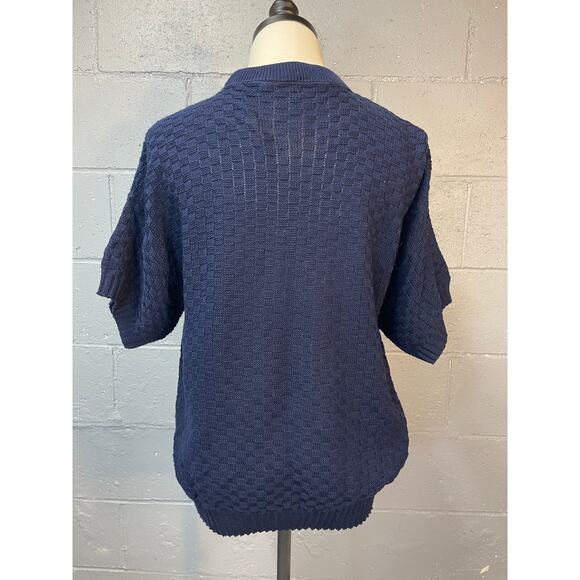 Vintage 1980s Floral Novelty Knit Short Sleeve Sweater Red White Blue Med - Picture 8 of 10